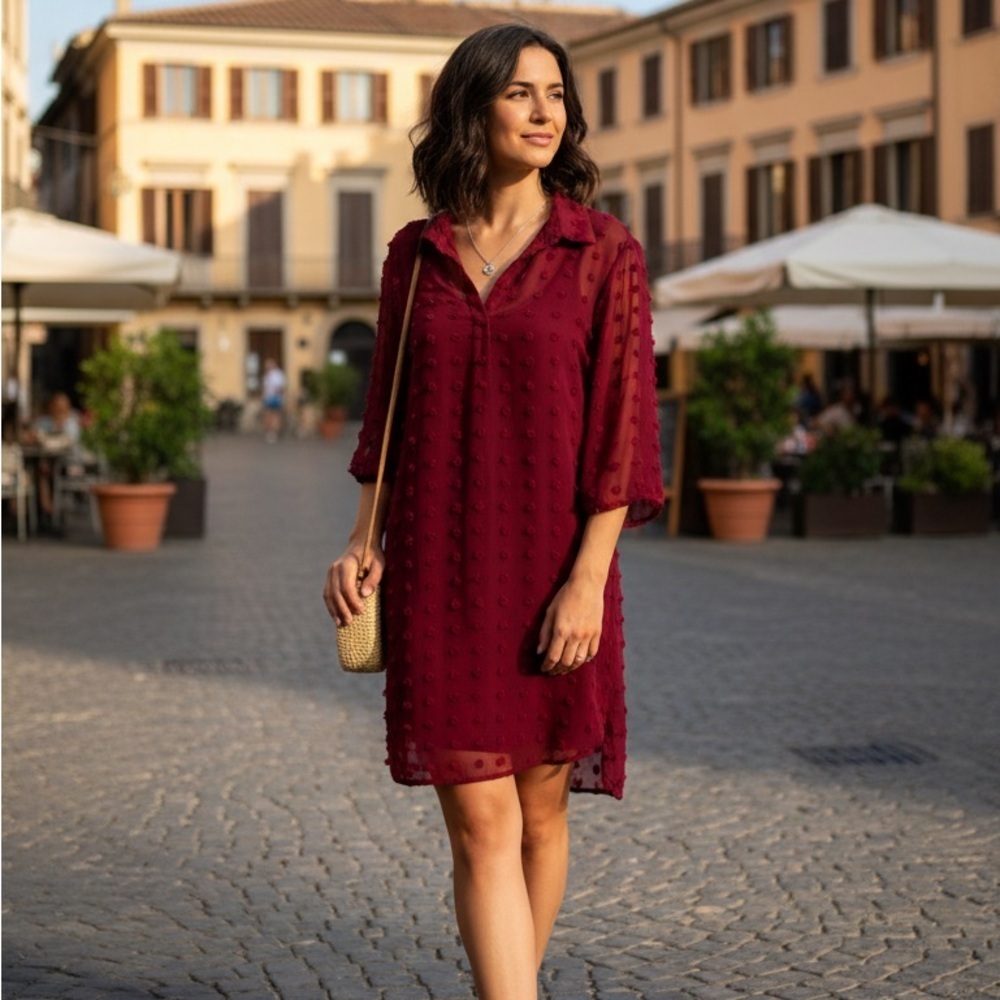 NWT Chic Style Size Small Burgundy Red 3/4 Sleeve Shift Dress